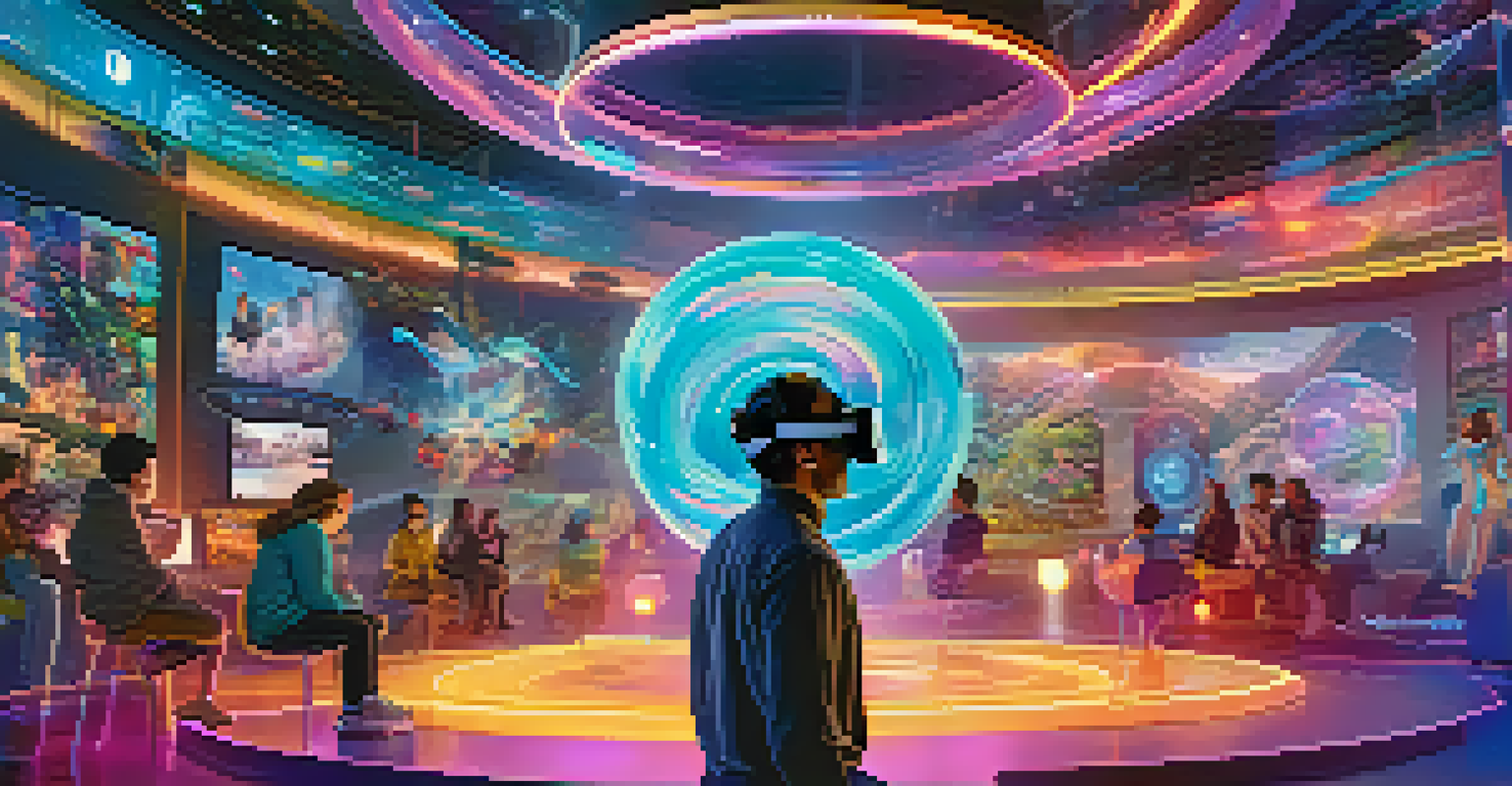 A person using a VR headset to interact with holographic characters in a colorful, immersive storytelling environment.