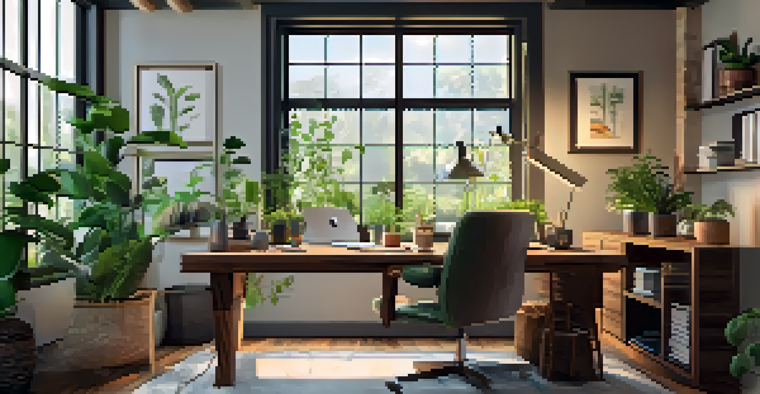 A cozy home office with a wooden desk, laptop, open notebook, and a cup of coffee, illuminated by warm natural light and surrounded by plants.