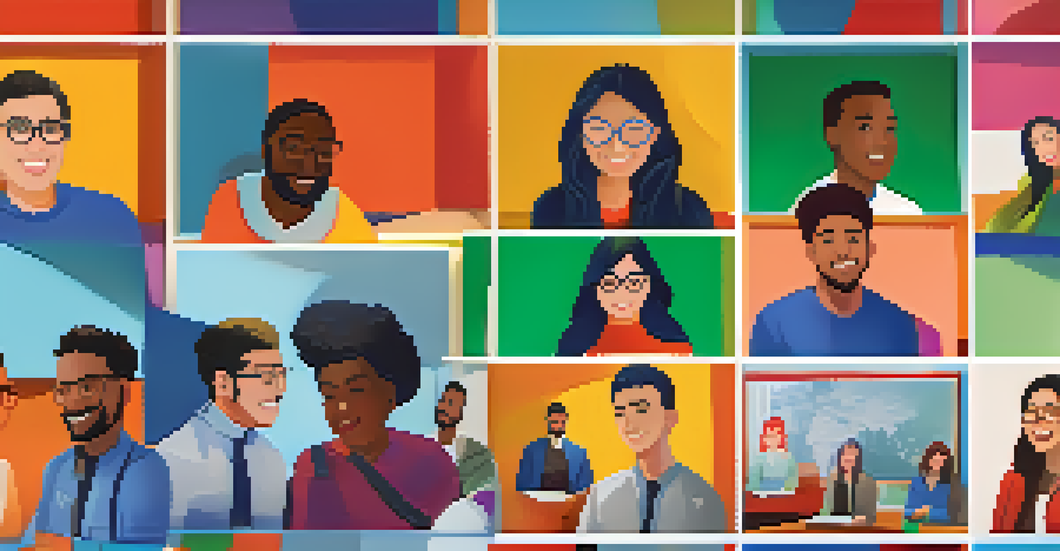 Students from various cultures participating in a vibrant online meeting, sharing ideas and smiling with diverse backgrounds visible.
