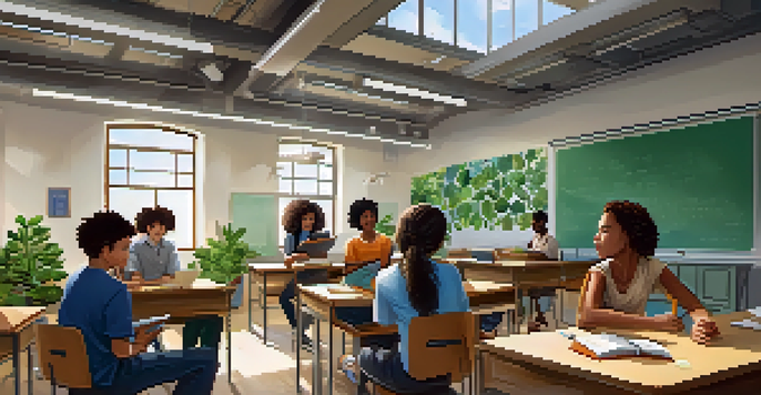 A colorful classroom with students of diverse backgrounds collaborating and learning from each other at circular tables, with sunlight streaming in through the windows.