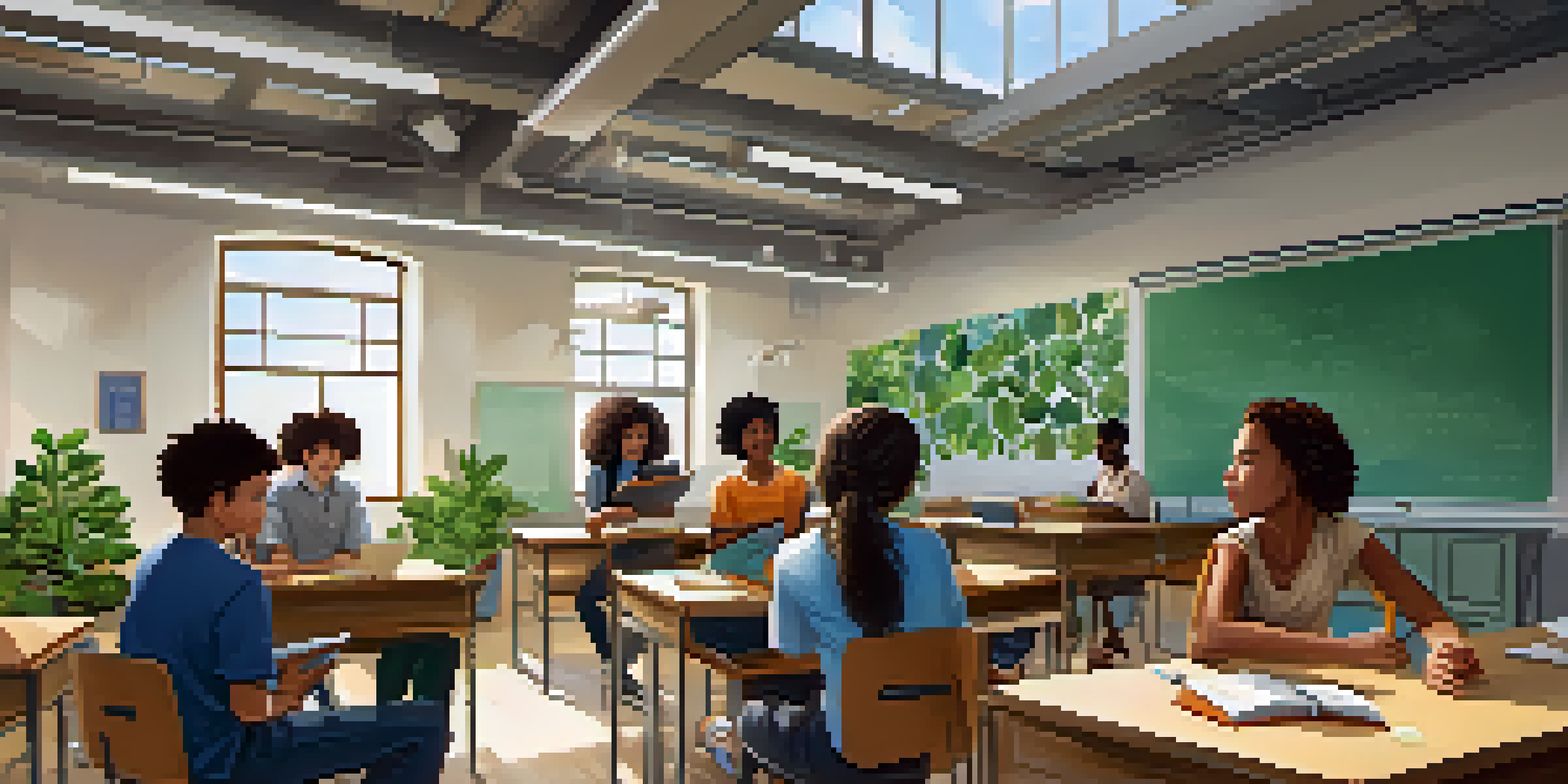 A colorful classroom with students of diverse backgrounds collaborating and learning from each other at circular tables, with sunlight streaming in through the windows.