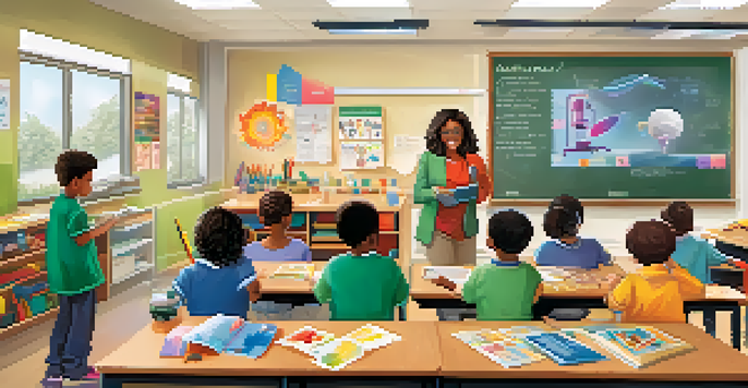 A lively classroom with diverse teaching methods, featuring a teacher interacting with students engaged in video lessons, discussions, and hands-on experiments.