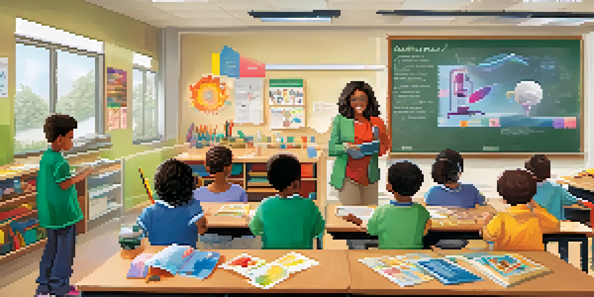 A lively classroom with diverse teaching methods, featuring a teacher interacting with students engaged in video lessons, discussions, and hands-on experiments.