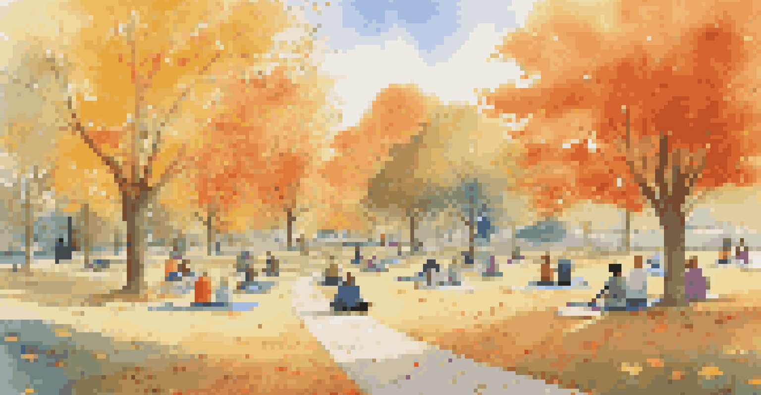 A vibrant autumn park with people practicing yoga and a family having a picnic on a leaf-covered pathway.