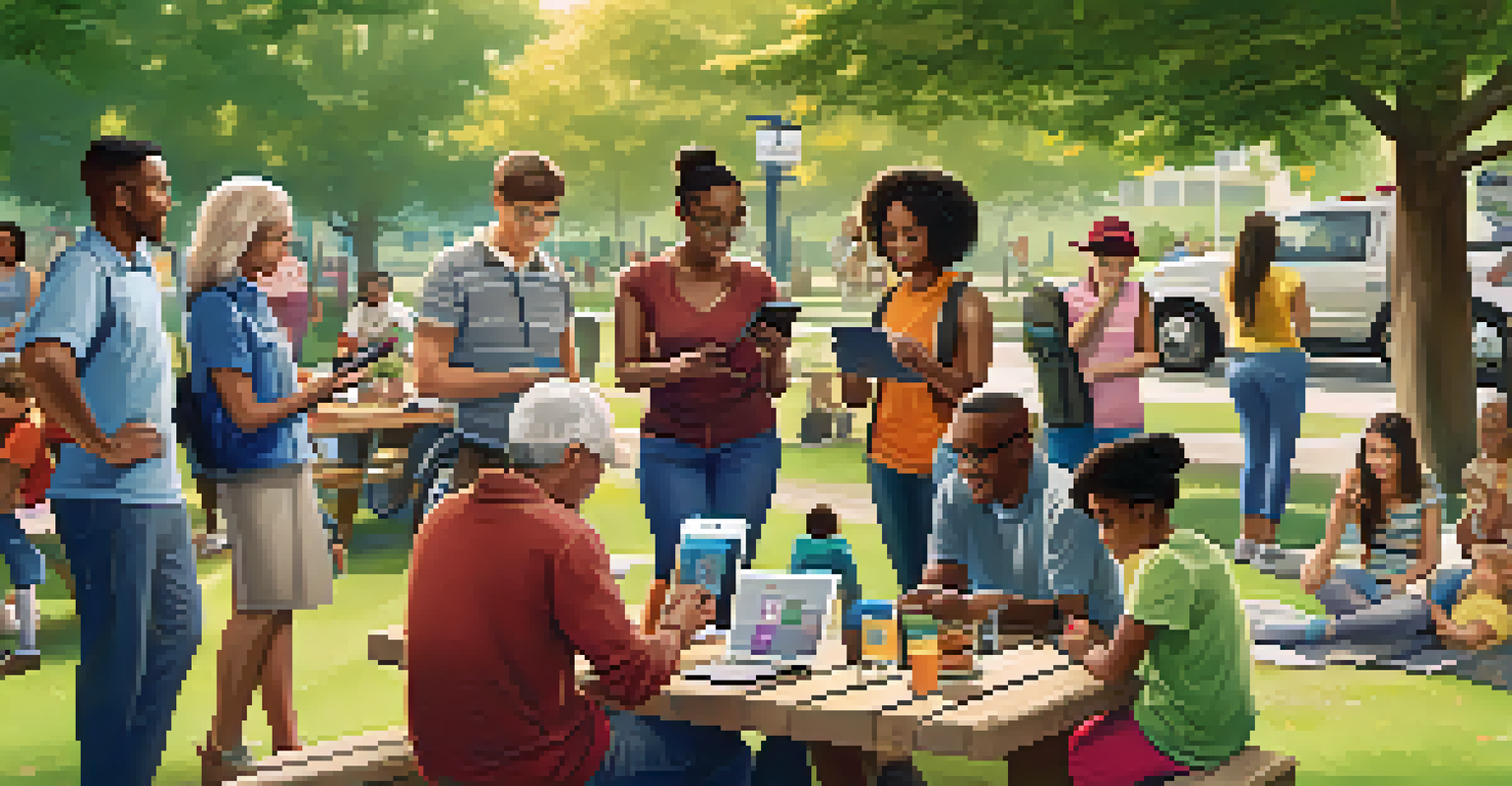 A group of diverse residents using a neighborhood safety app on their smartphones in a park setting.