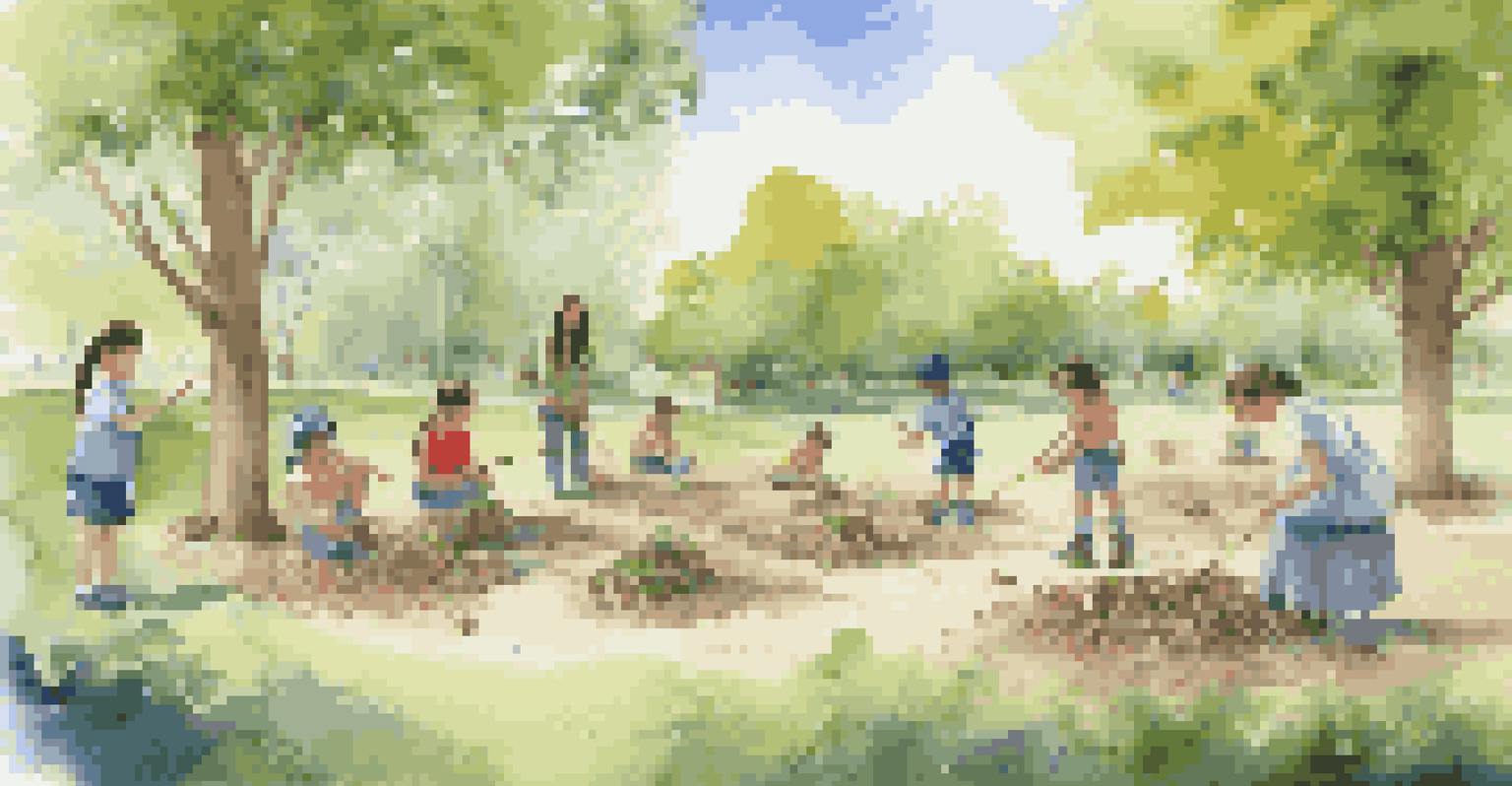 Children exploring nature in an outdoor learning setting, playing with natural materials under the guidance of a teacher in a green park.