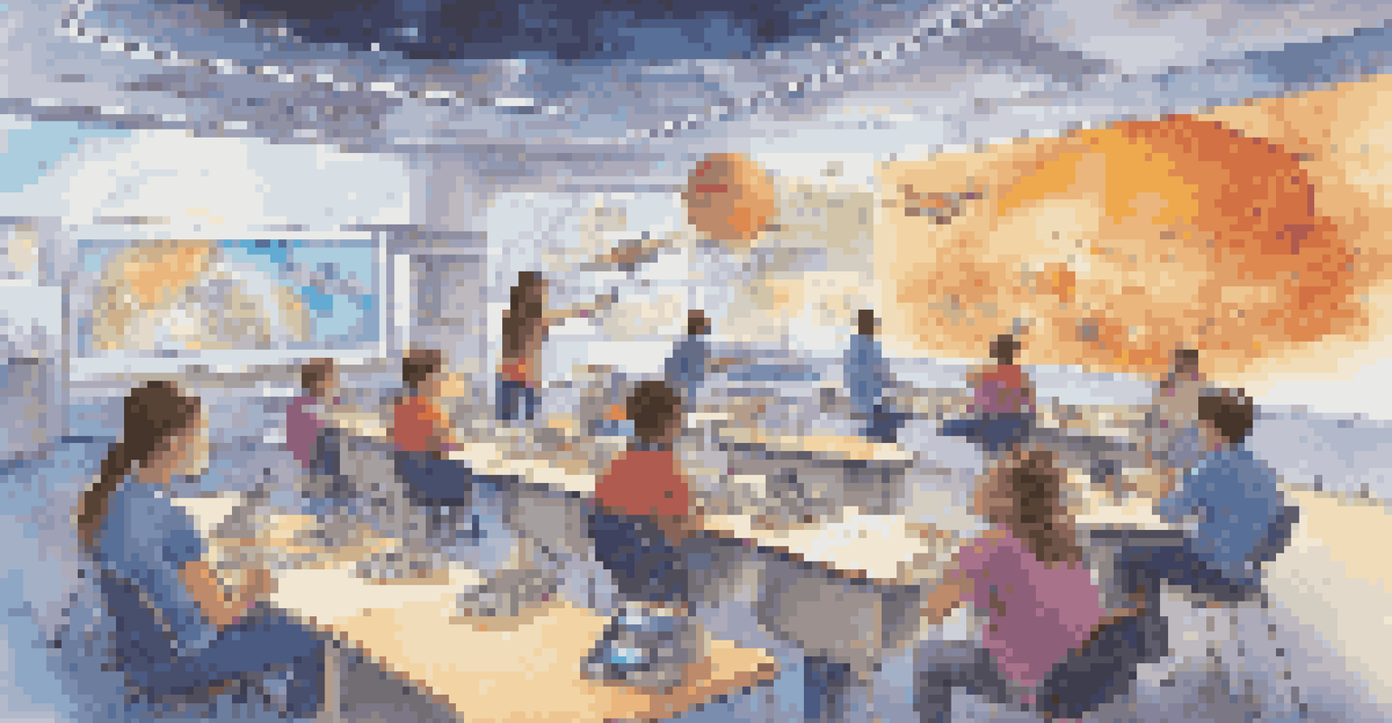 Students in a futuristic classroom discussing space exploration, with colorful visuals on the walls and a screen displaying a spaceship, creating an adventurous atmosphere.