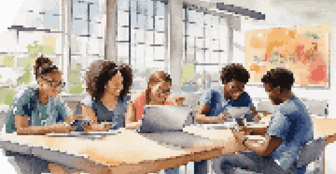 A diverse group of students collaborating in a modern classroom, using tablets and smartphones to engage with their studies.