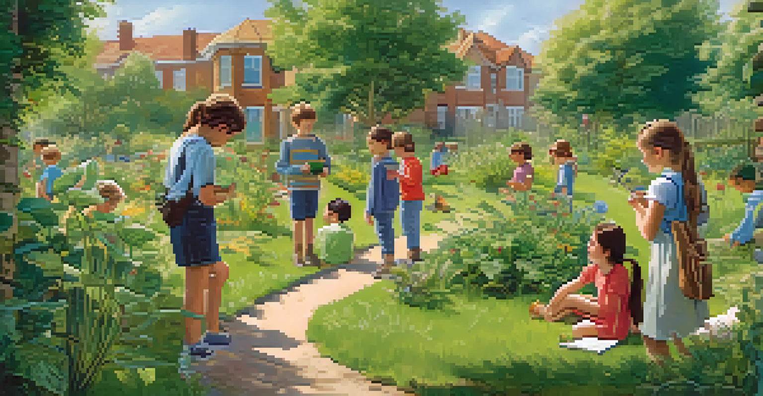 Children exploring a garden in an outdoor learning environment, guided by a teacher, surrounded by nature.