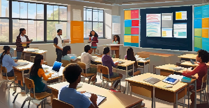 A virtual classroom with students engaged in a live lecture, featuring a large screen and colorful learning posters on the walls.