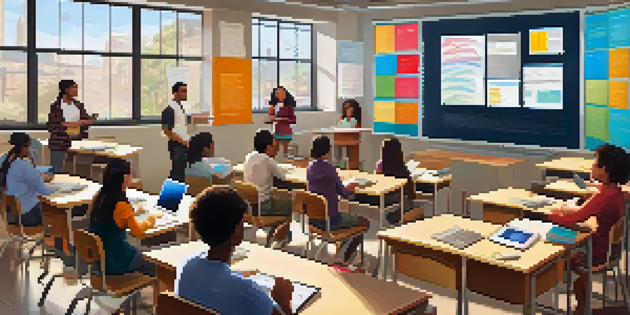 A virtual classroom with students engaged in a live lecture, featuring a large screen and colorful learning posters on the walls.