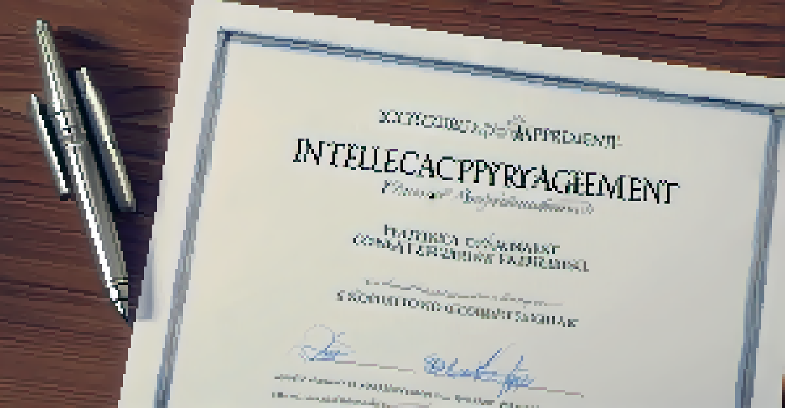 A close-up of an intellectual property agreement document on a wooden desk with a pen and a laptop.