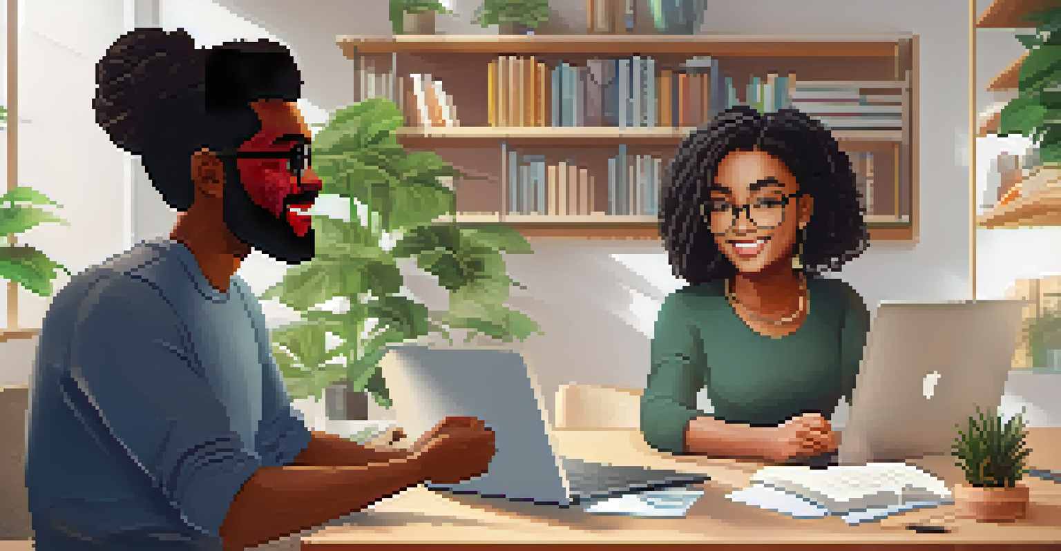 A mentor is talking to a mentee through a laptop screen in a bright home office.