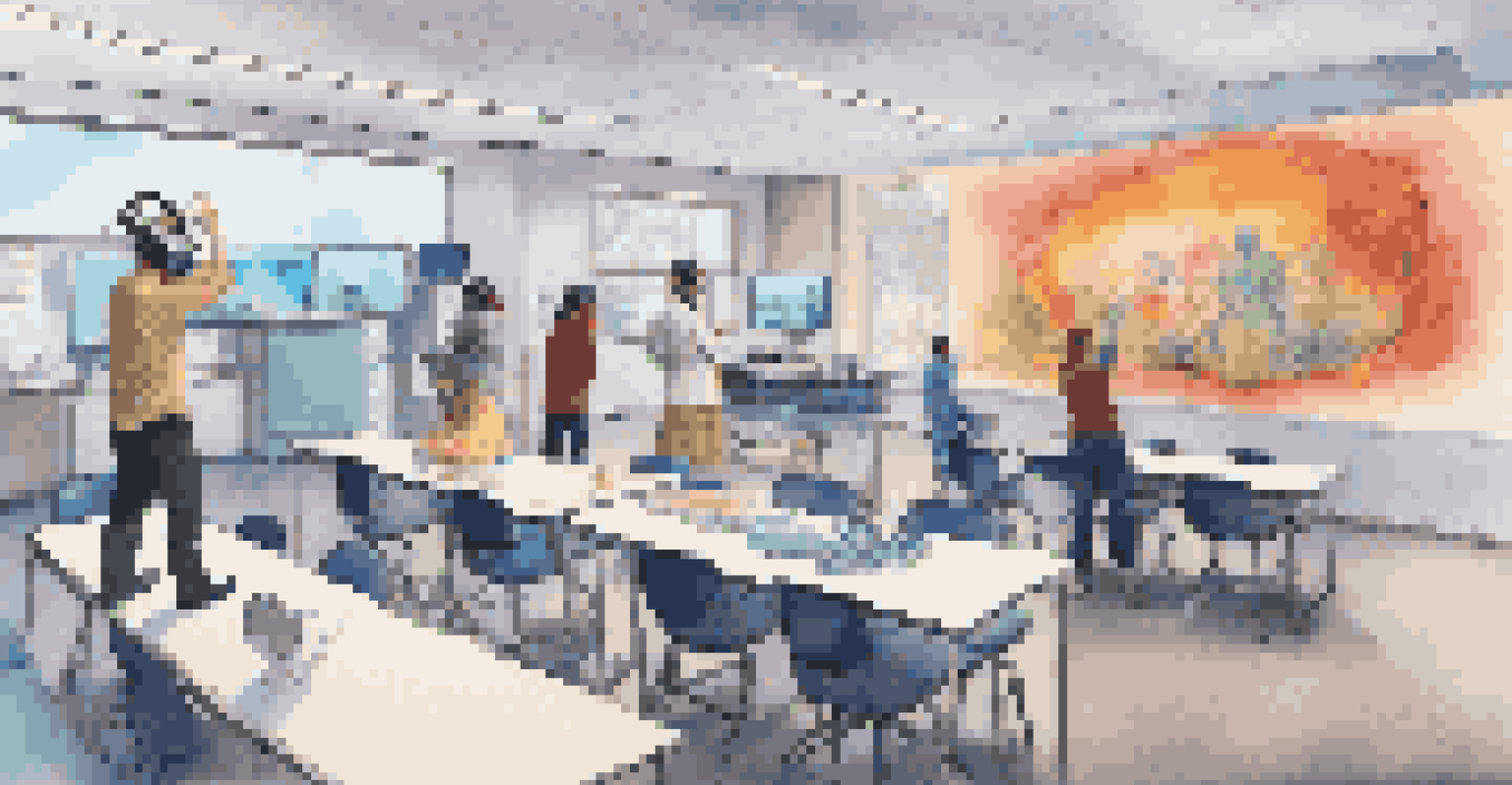 Students using virtual reality headsets in a modern classroom, exploring a simulated medical environment with a large screen displaying a virtual surgery.