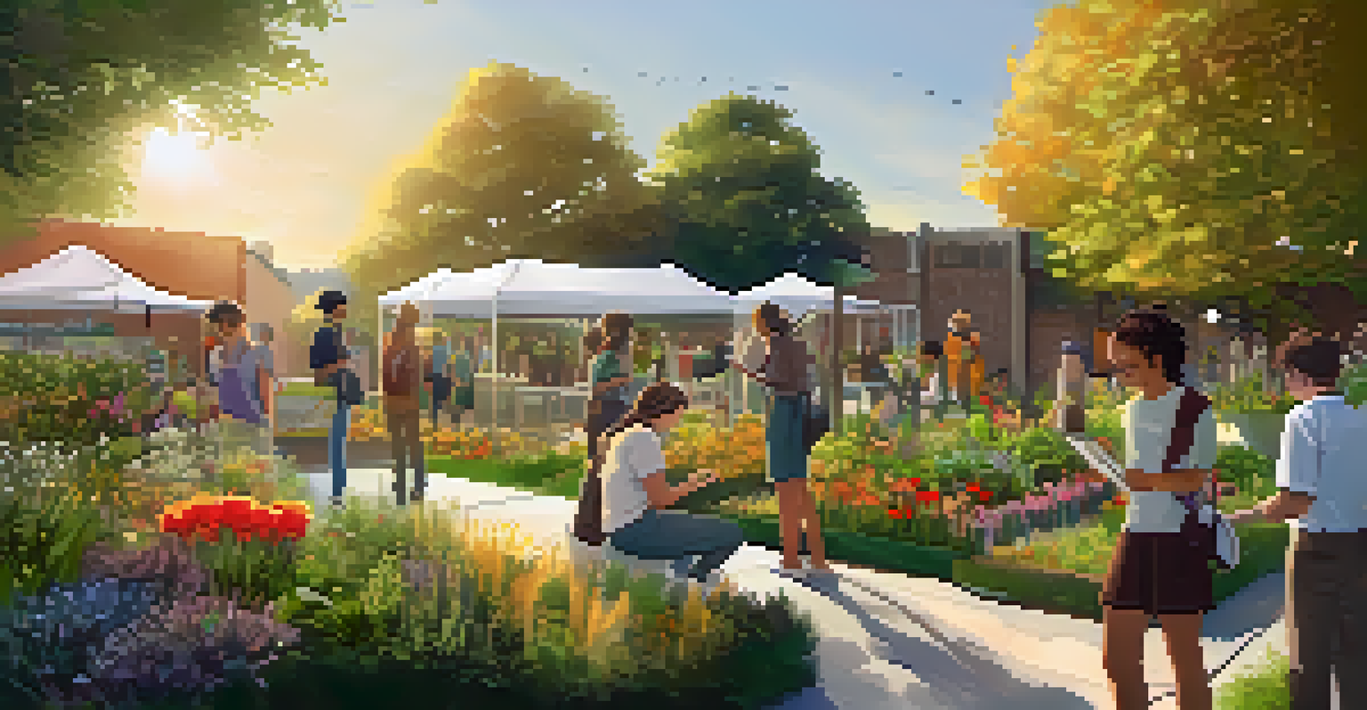 Students presenting their interdisciplinary project on a sustainable garden, with colorful plants and a sunset in the background.