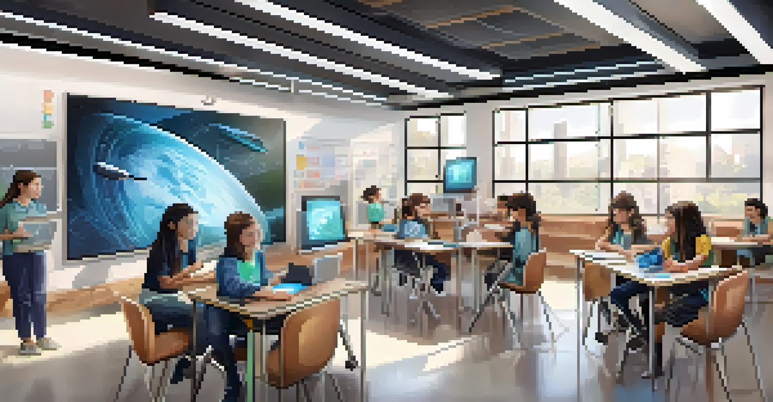A futuristic classroom with students using virtual reality headsets and interactive whiteboards, engaging in immersive learning.