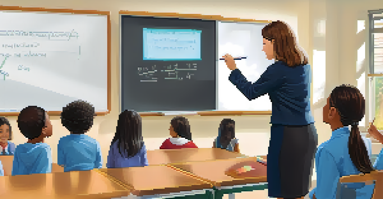 A teacher enthusiastically using a smartboard in class, with students engaged and taking notes, showcasing an interactive learning environment.