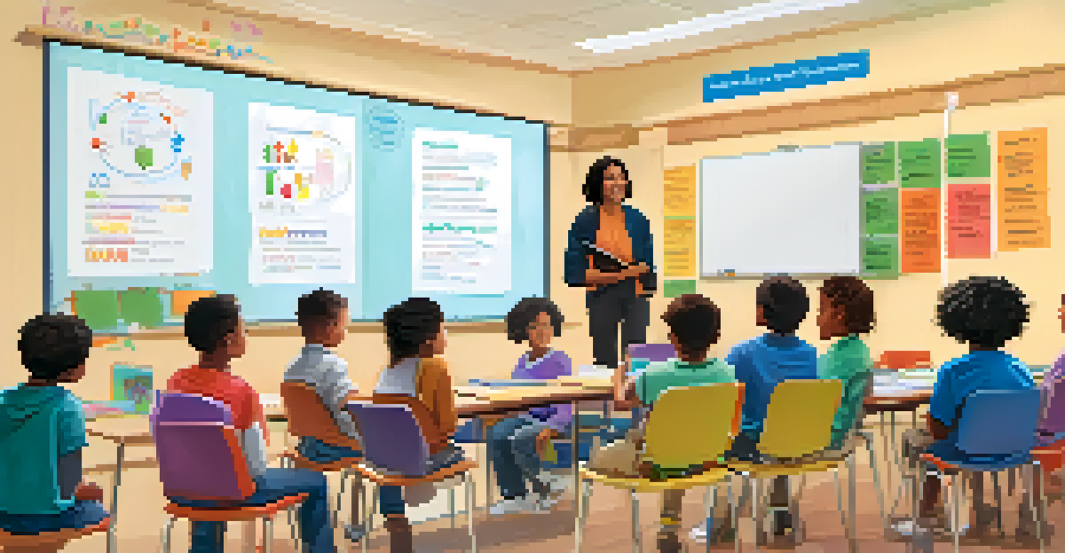 An educator leading a discussion in a bright classroom, with diverse students seated comfortably, surrounded by plants and educational posters.