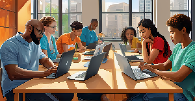 A diverse group of individuals collaborating around a table with laptops and tablets, demonstrating the concept of digital literacy in a bright, modern environment.