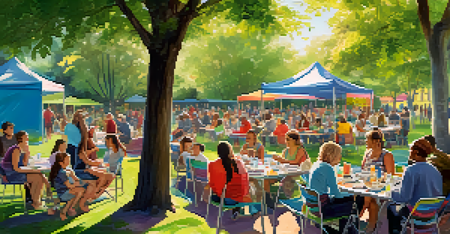 A lively outdoor community event with people sharing stories and discussing peer support, surrounded by colorful banners and greenery.