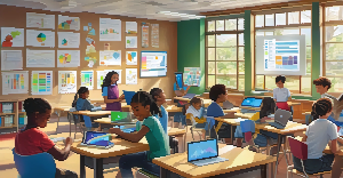 A diverse group of students in a bright classroom using tablets and laptops for digital assessments, with educational posters and sunlight streaming in.