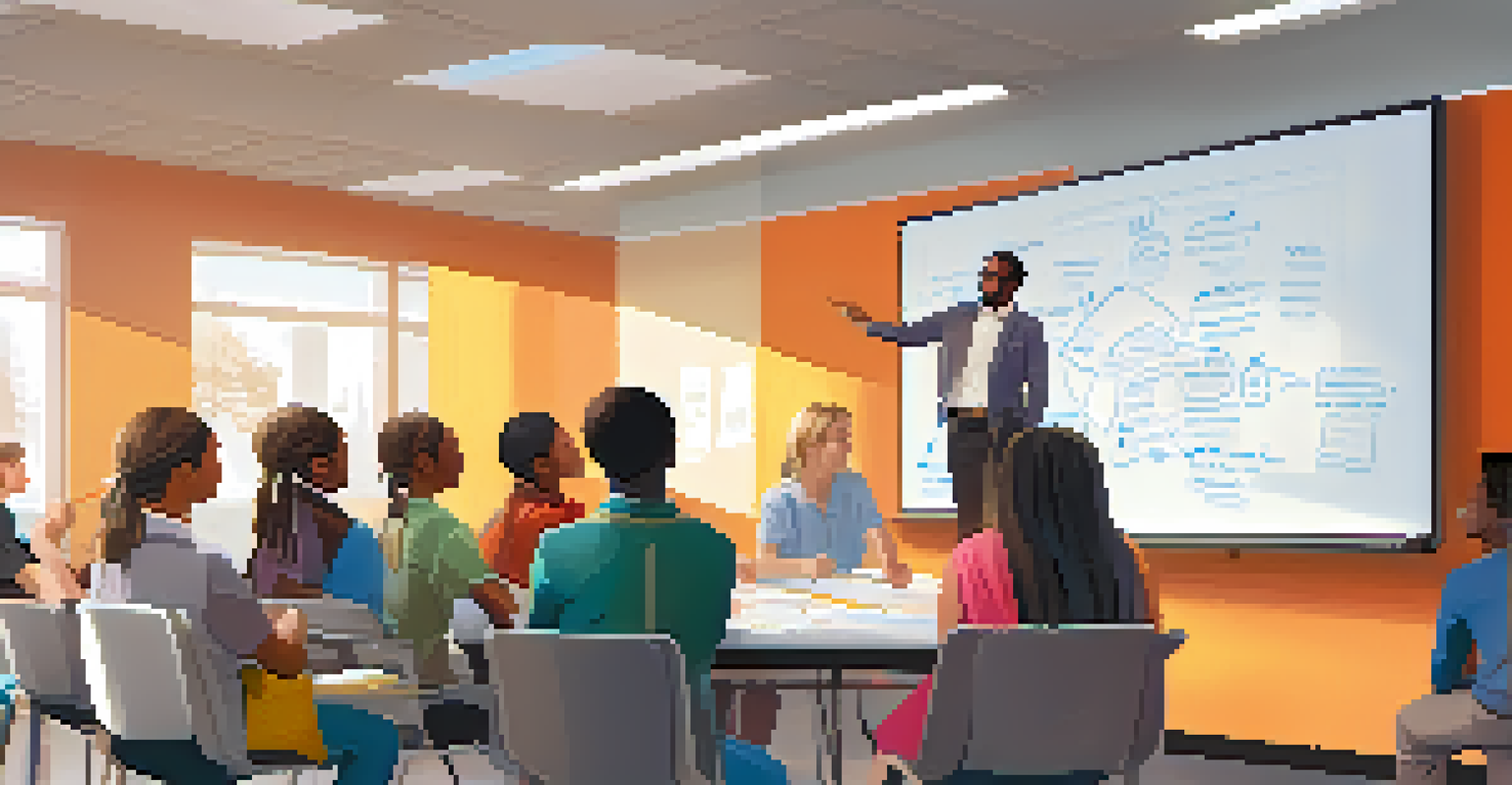 An educator leading a discussion with adult learners in a bright, modern classroom, with a whiteboard full of notes and engaged participants.