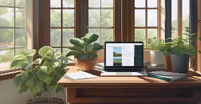 A calm study area with a wooden desk, laptop, plants, and books, illuminated by gentle sunlight from a window.