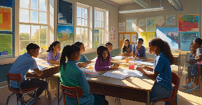 A diverse group of students working together on a project in a bright classroom filled with colorful decorations and natural light.