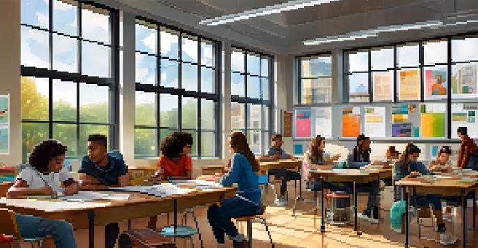A vibrant classroom filled with diverse students collaborating in small groups, with bright lighting and educational posters.