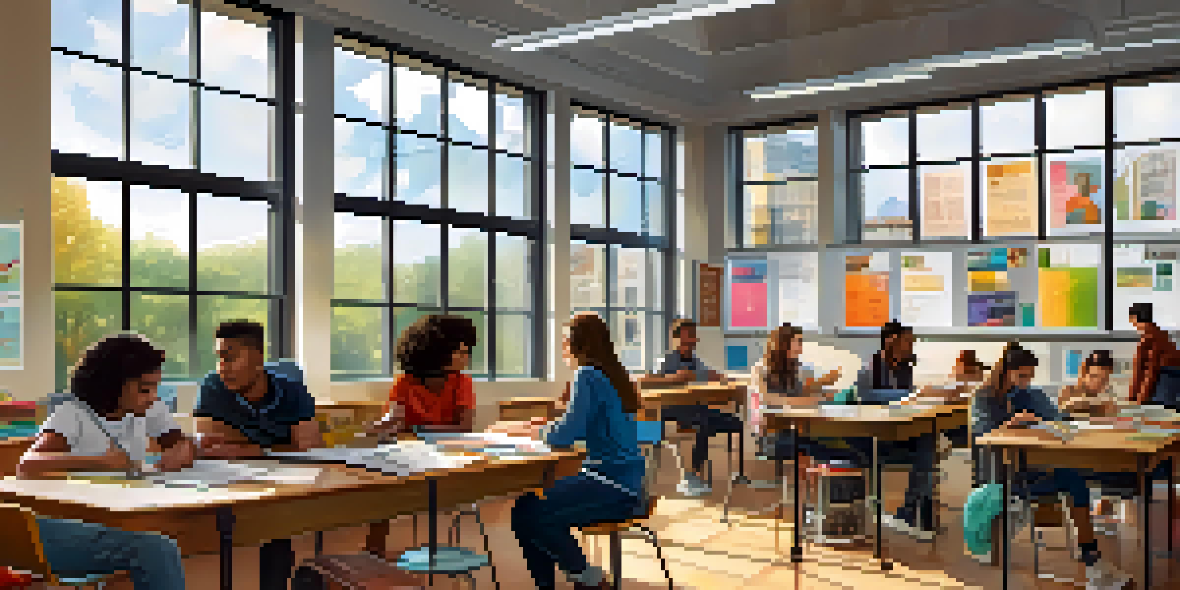 A vibrant classroom filled with diverse students collaborating in small groups, with bright lighting and educational posters.