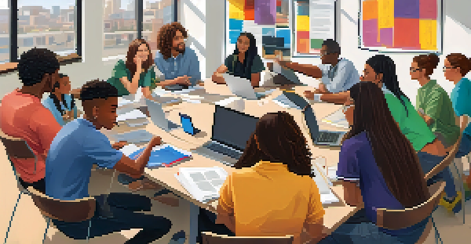 A diverse group of students collaborating at a table, surrounded by books and laptops in a bright classroom.