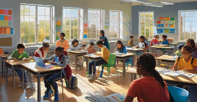 A diverse group of students in a bright classroom, working together on adaptive learning activities with technology and educational materials.