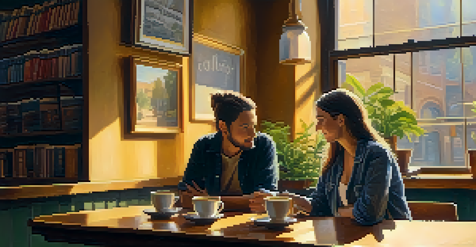 Two individuals having a deep conversation in a cozy coffee shop, with warm lighting and a welcoming atmosphere.