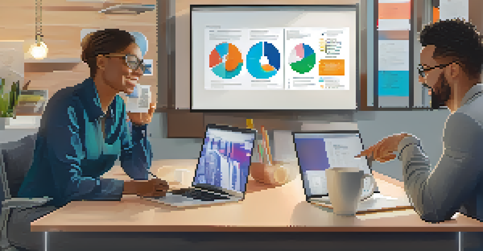 Two team members discussing a project plan on a laptop in a modern office space.