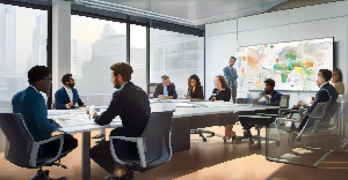 A diverse group of professionals having a meeting, discussing crisis management strategies around a conference table.