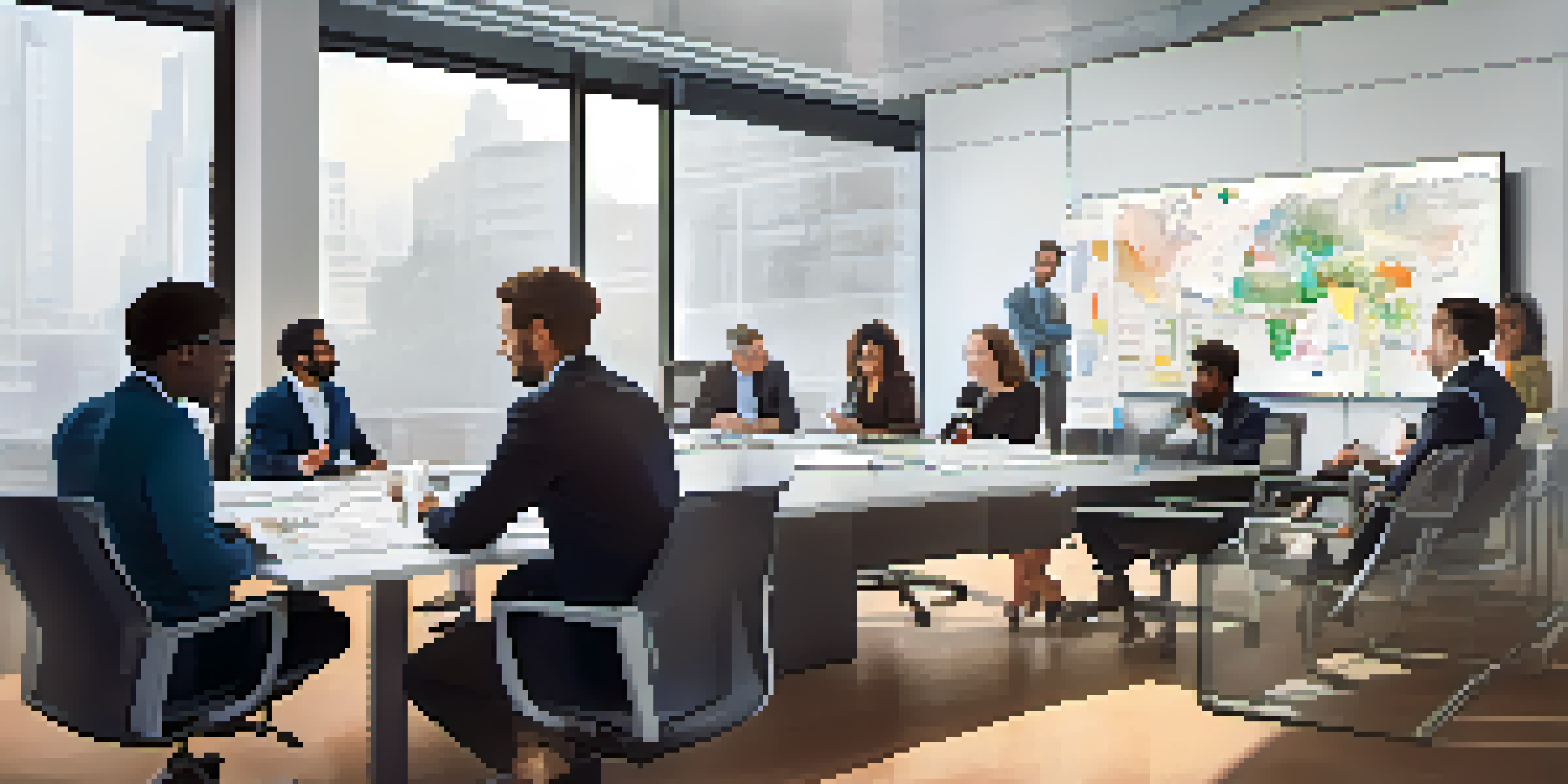 A diverse group of professionals having a meeting, discussing crisis management strategies around a conference table.