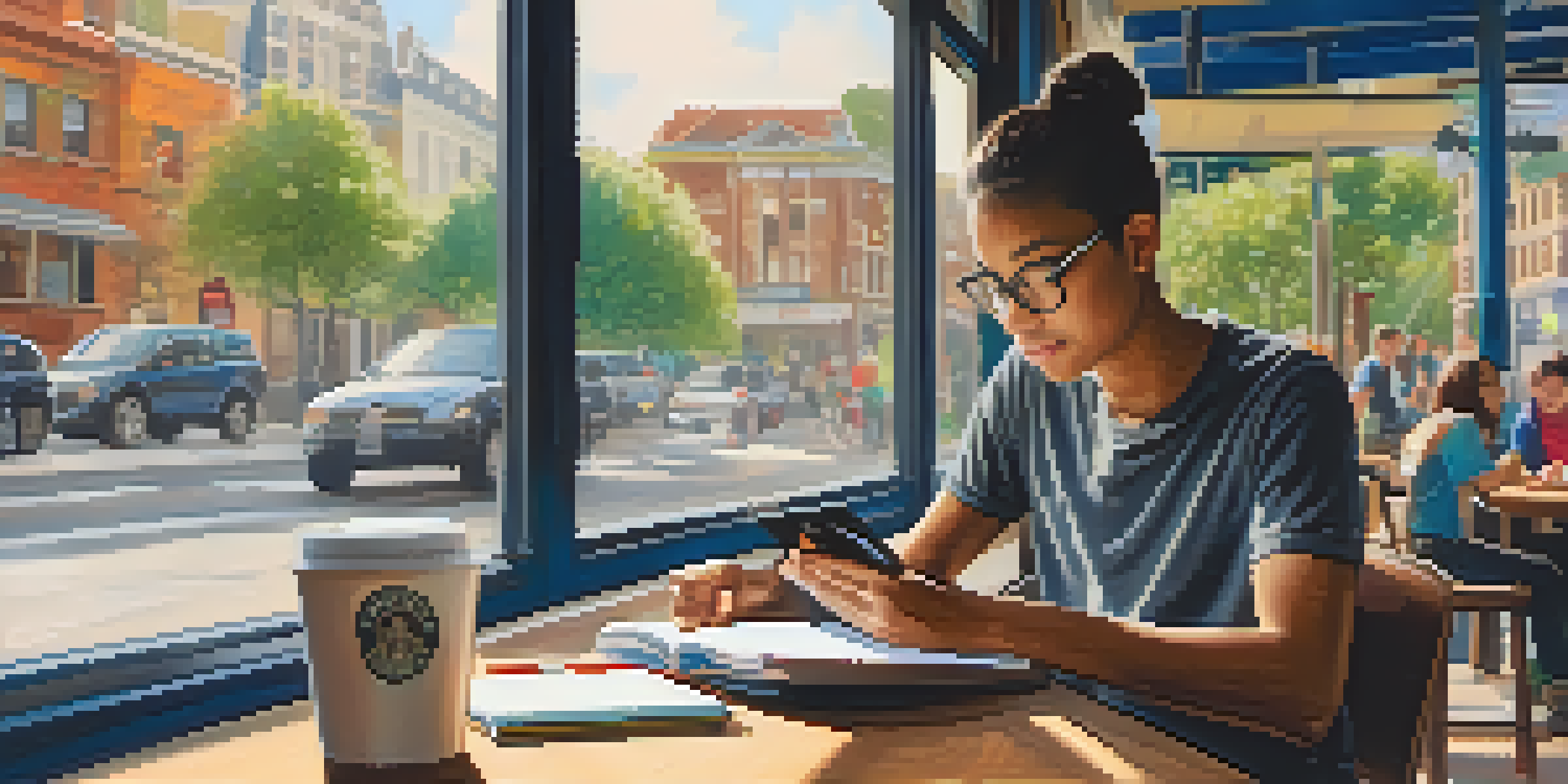 A student in a coffee shop using a tablet for learning, with warm lighting and a view of a busy street outside.