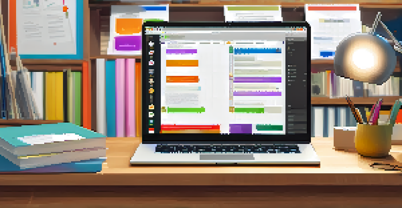 A laptop screen showing a colorful project management tool, with a cozy study space in the background.