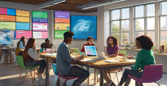 A diverse group of students working together in a bright classroom, discussing ideas with laptops and notebooks.