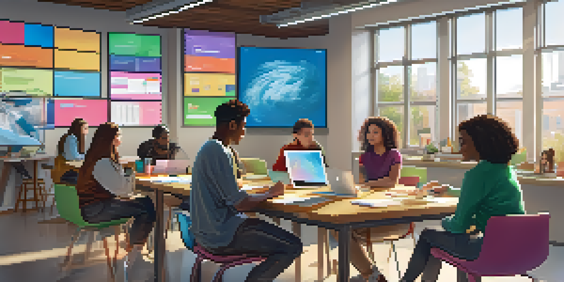 A diverse group of students working together in a bright classroom, discussing ideas with laptops and notebooks.