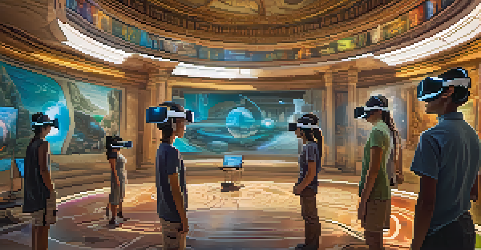 Students experiencing a virtual reality simulation of ancient civilizations, wearing VR headsets and surrounded by holographic displays of artifacts in a colorful environment.