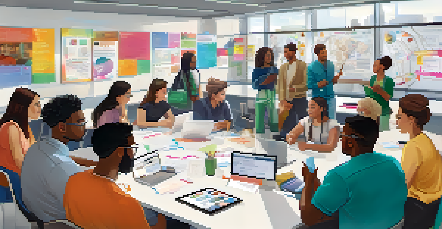 A diverse group of people collaborating in a classroom during a micro-credential workshop, surrounded by educational materials and digital displays.