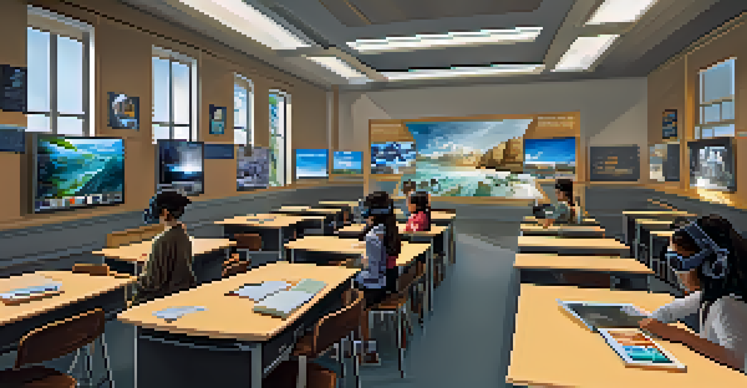 Students using virtual reality headsets in a high-tech classroom to learn about history.