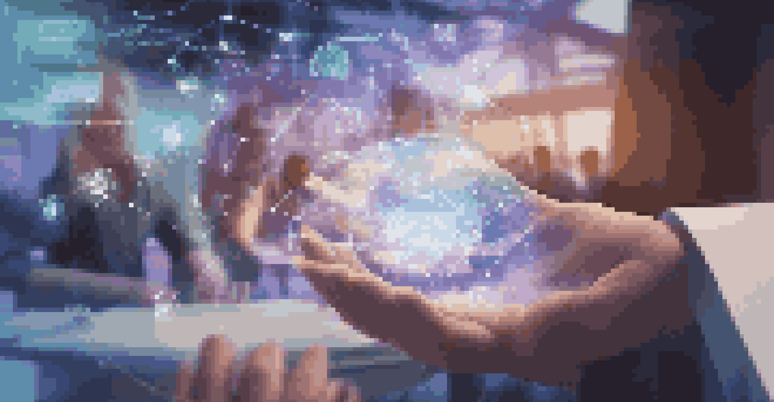 A student's hands using a holographic interface to display academic achievements in a modern educational environment.