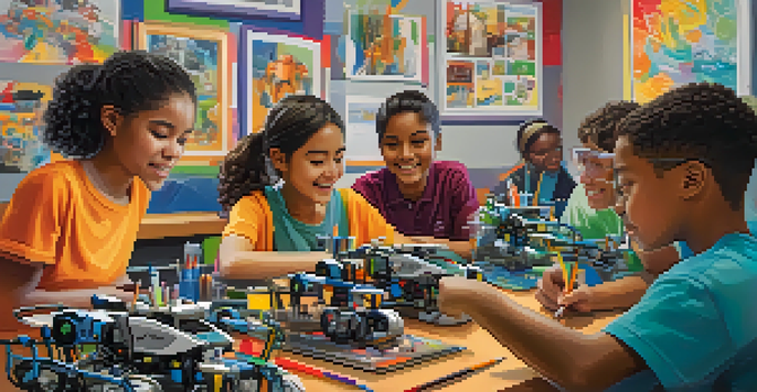 A diverse group of students collaborating on a robotics project in a colorful classroom filled with art supplies.