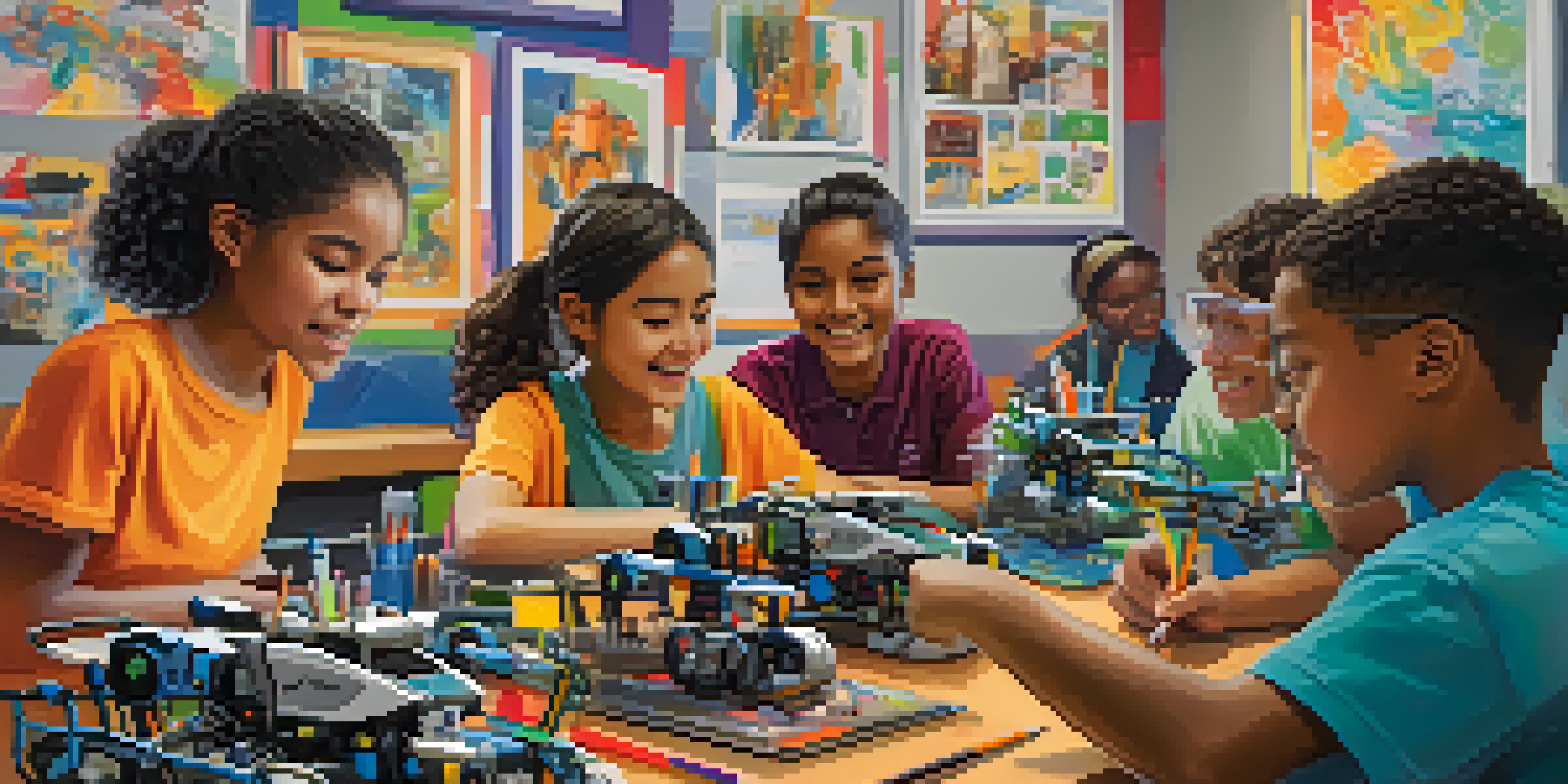 A diverse group of students collaborating on a robotics project in a colorful classroom filled with art supplies.