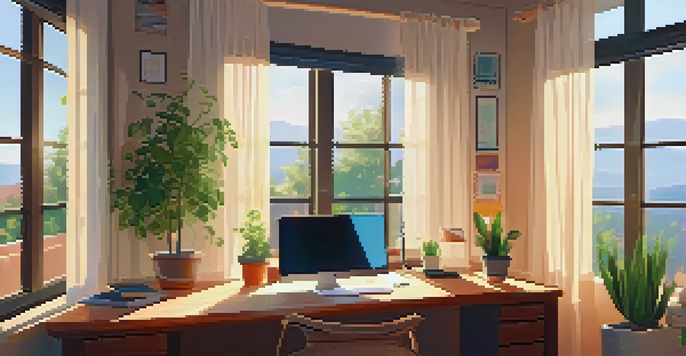 A warm and inviting home office with a wooden desk, a laptop, plants, and soft sunlight filtering through curtains.