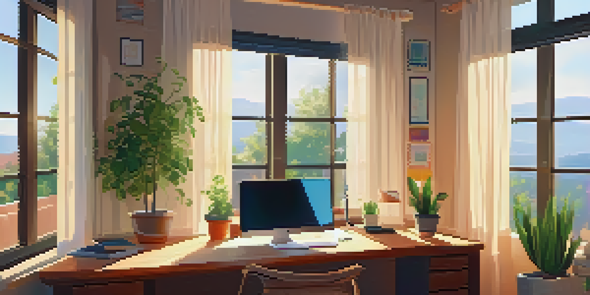 A warm and inviting home office with a wooden desk, a laptop, plants, and soft sunlight filtering through curtains.