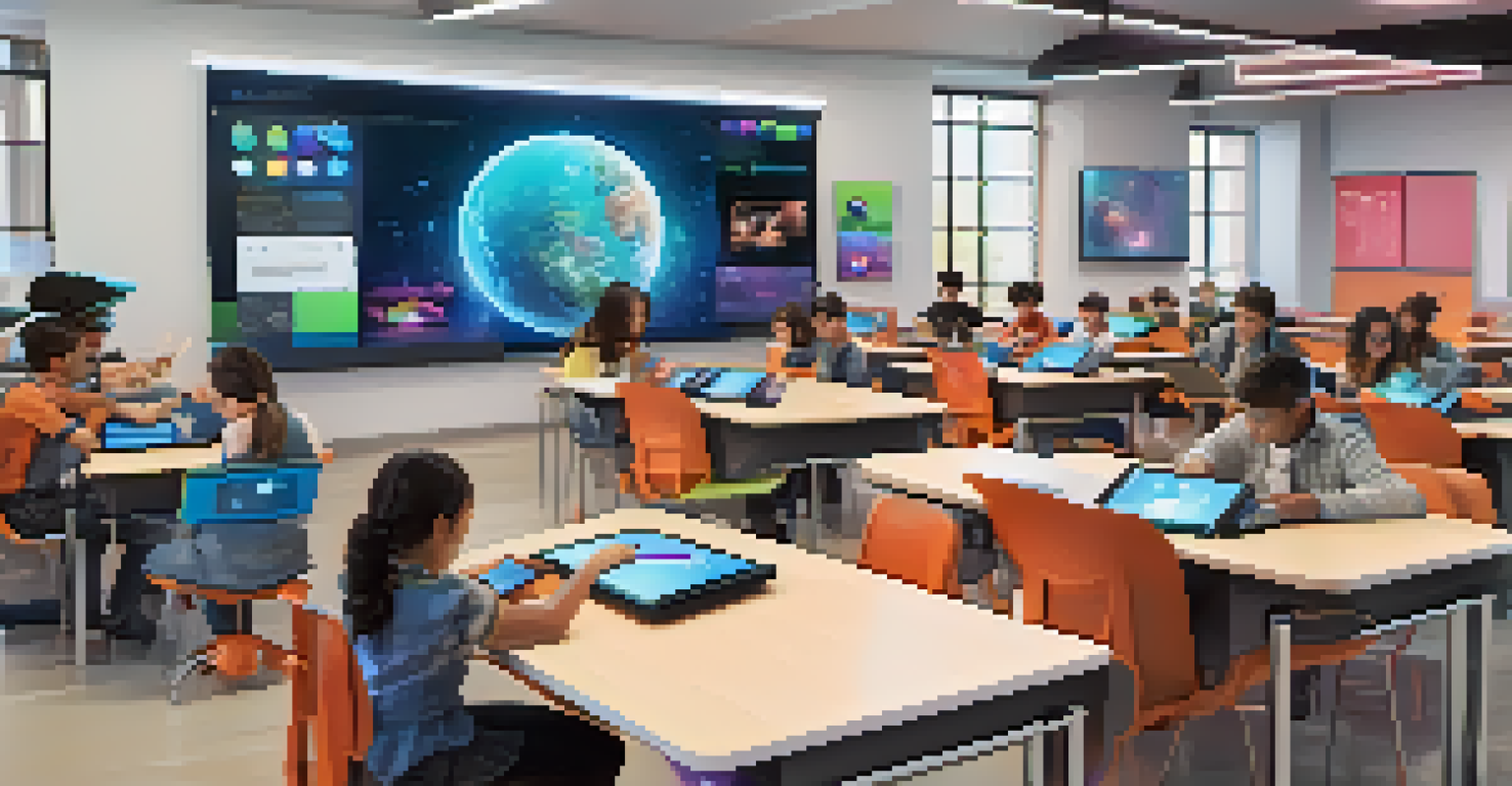 A modern classroom with students using advanced technology like tablets and VR headsets, showcasing a personalized learning environment.