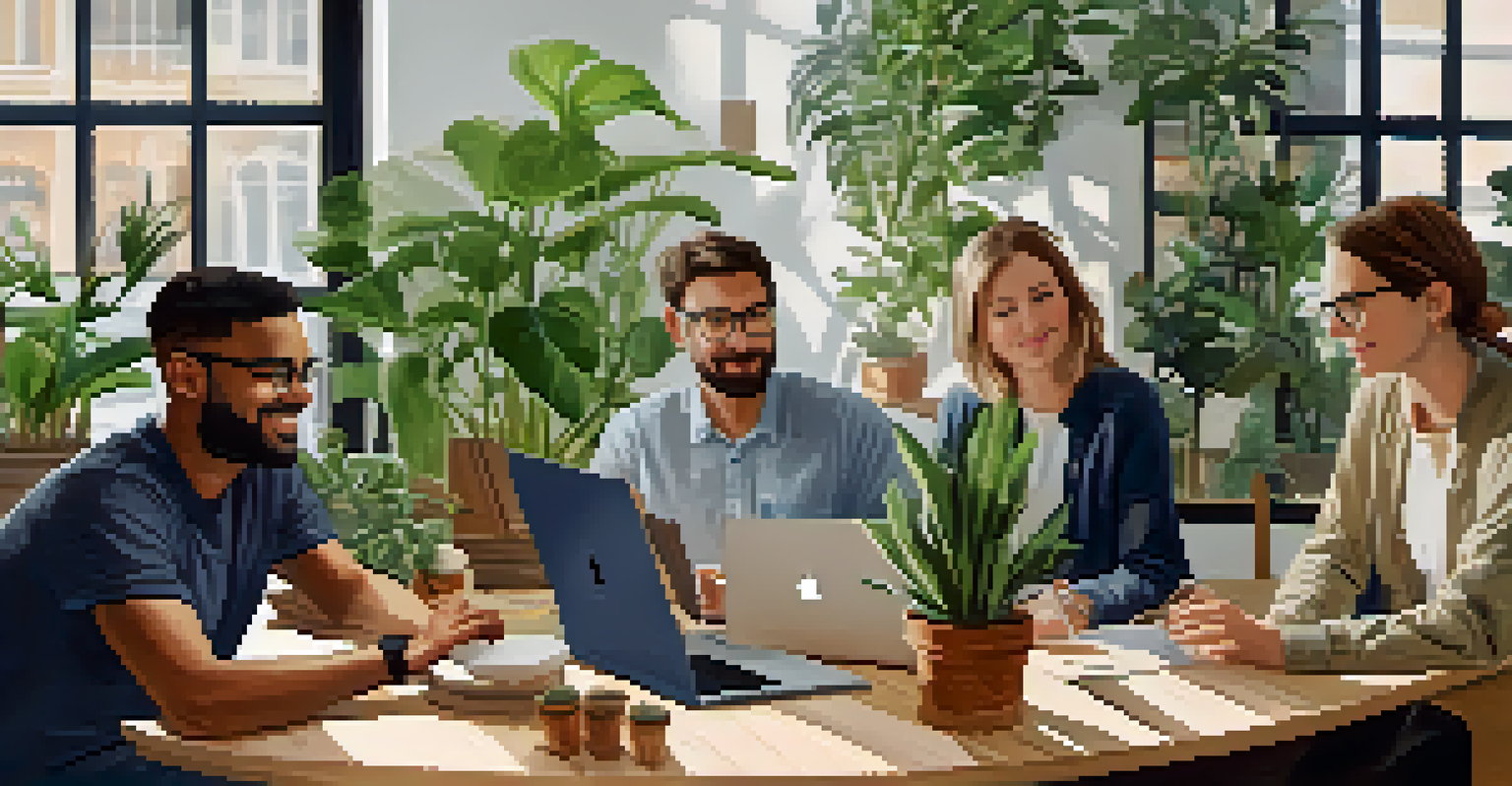 A casual team meeting in a creative workspace, with team members discussing ideas while seated in a circle around a wooden table.